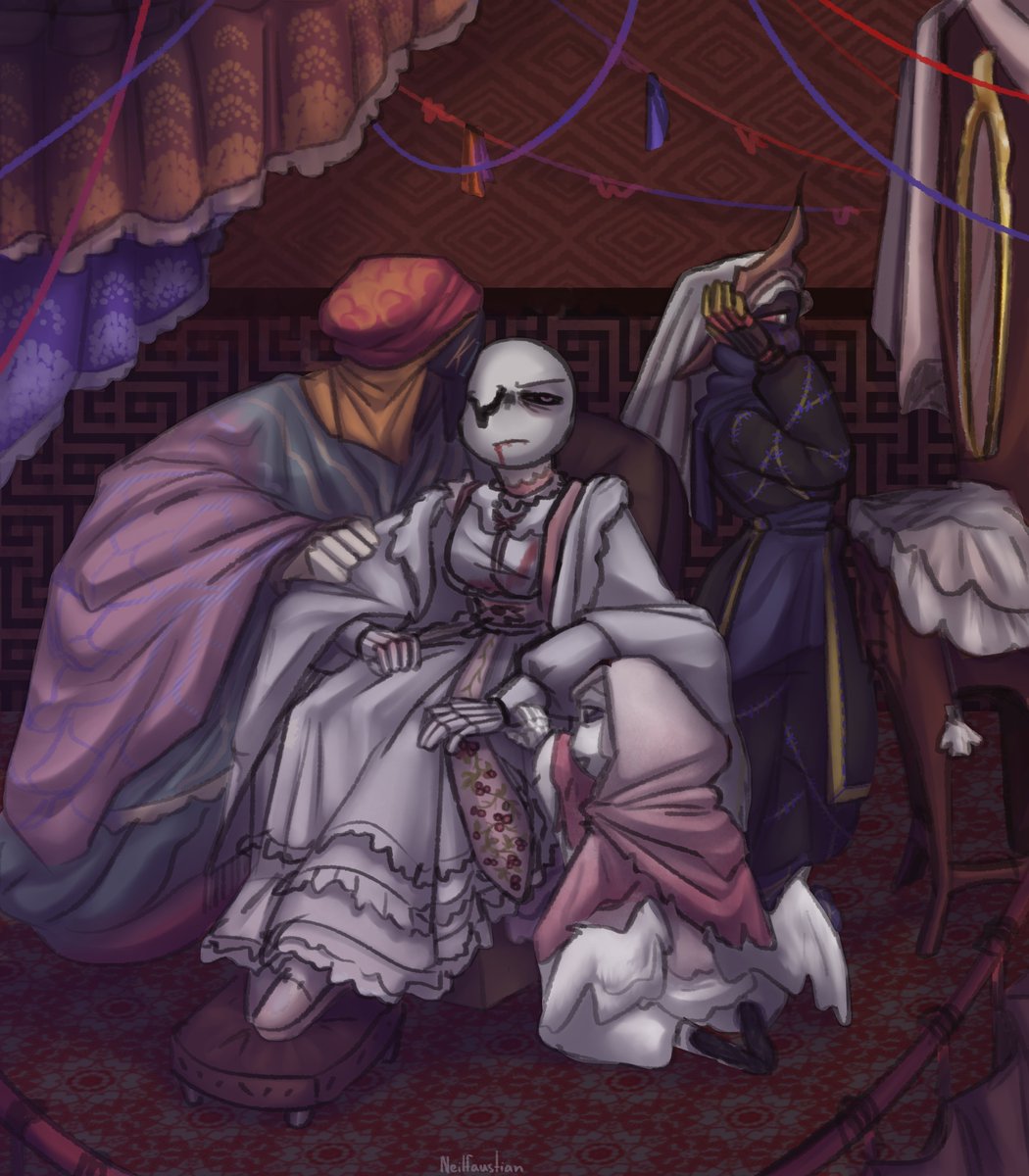 It's been a whole year since I last painted the three brothers of Fate together from my AU of #LostGodsAU

Homage to the painting "The Reluctant Fiancée", Auguste Toulmouche

#GenoSans #ErrorSans #FreshSans #GothSans #undertaleAU