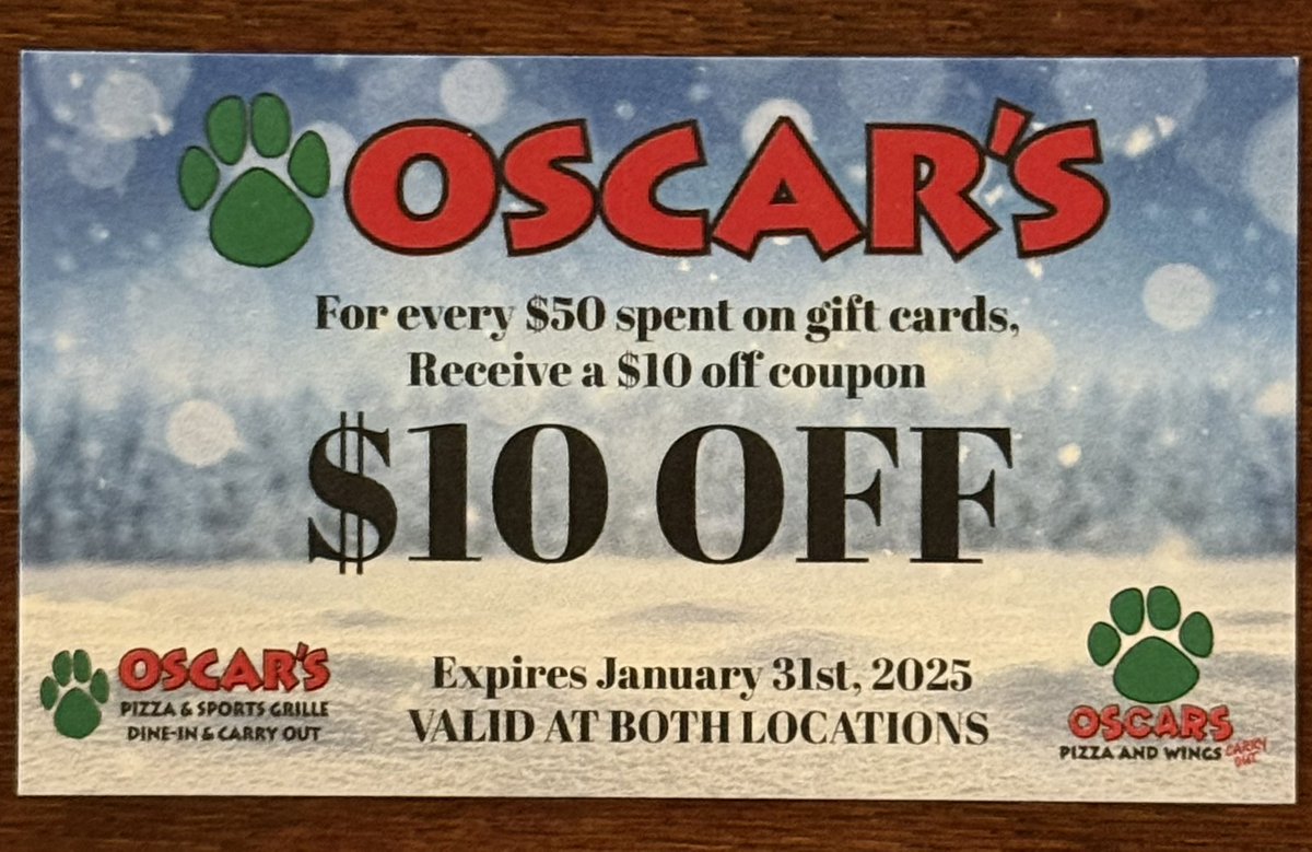 Oscarspizza's tweet photo. Christmas Gift Card Special:
Get a $10 coupon for every $50 in gift card purchases. https://t.co/cTRbOQHnGL