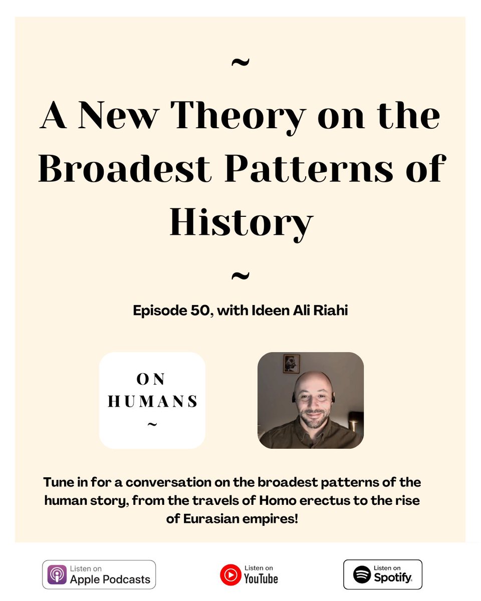 On Humans (@onhumanspod) on Twitter photo It's out—the 50th episode of On Humans! Join me and
<a href="/Ideenriahi/">Ideen A. Riahi</a> as we trace the broadest patterns of the human story, from the travels of Homo erectus to the emergence of Eurasian empires.
onhumans.substack.com/p/podcast-a-ne…
#socialscience #humanevolution #Economics #History #anthropology It's out—the 50th episode of On Humans! Join me and
<a href="/Ideenriahi/">Ideen A. Riahi</a> as we trace the broadest patterns of the human story, from the travels of Homo erectus to the emergence of Eurasian empires.
onhumans.substack.com/p/podcast-a-ne…
#socialscience #humanevolution #Economics #History #anthropology