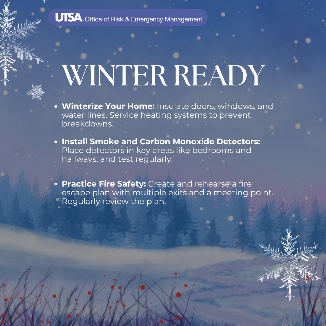 Hey 'Runners,

As the Texas winter is approaching, please keep winter ready tips to keep you warm and safe this season.

#UTSA #WinterReady #OREM #BeRowdyReady