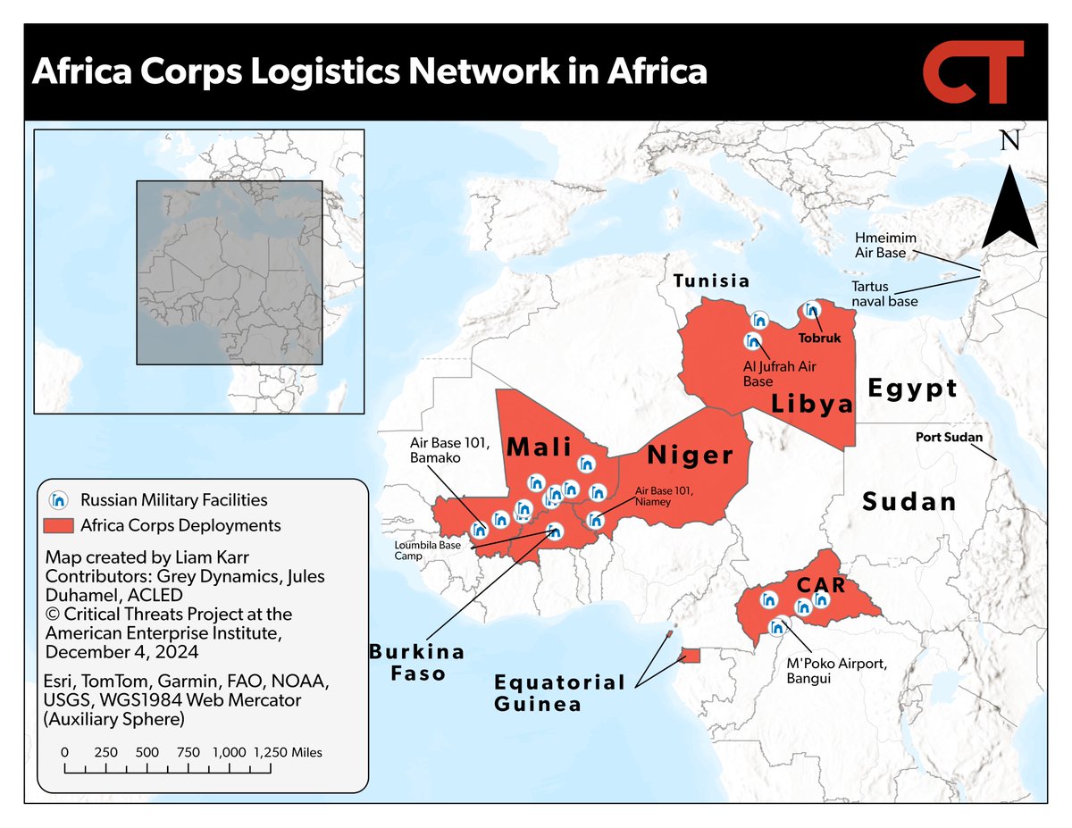 criticalthreats's tweet photo. NEW | Russia may redeploy Africa Corps units to Syria to reinforce the Assad regime in Syria. 

A scenario in which Syrian rebels toppled the Assad regime would harm the Kremlin’s strategic objectives in Africa and surrounding waterways such as the Mediterranean and Red Seas. 1/7