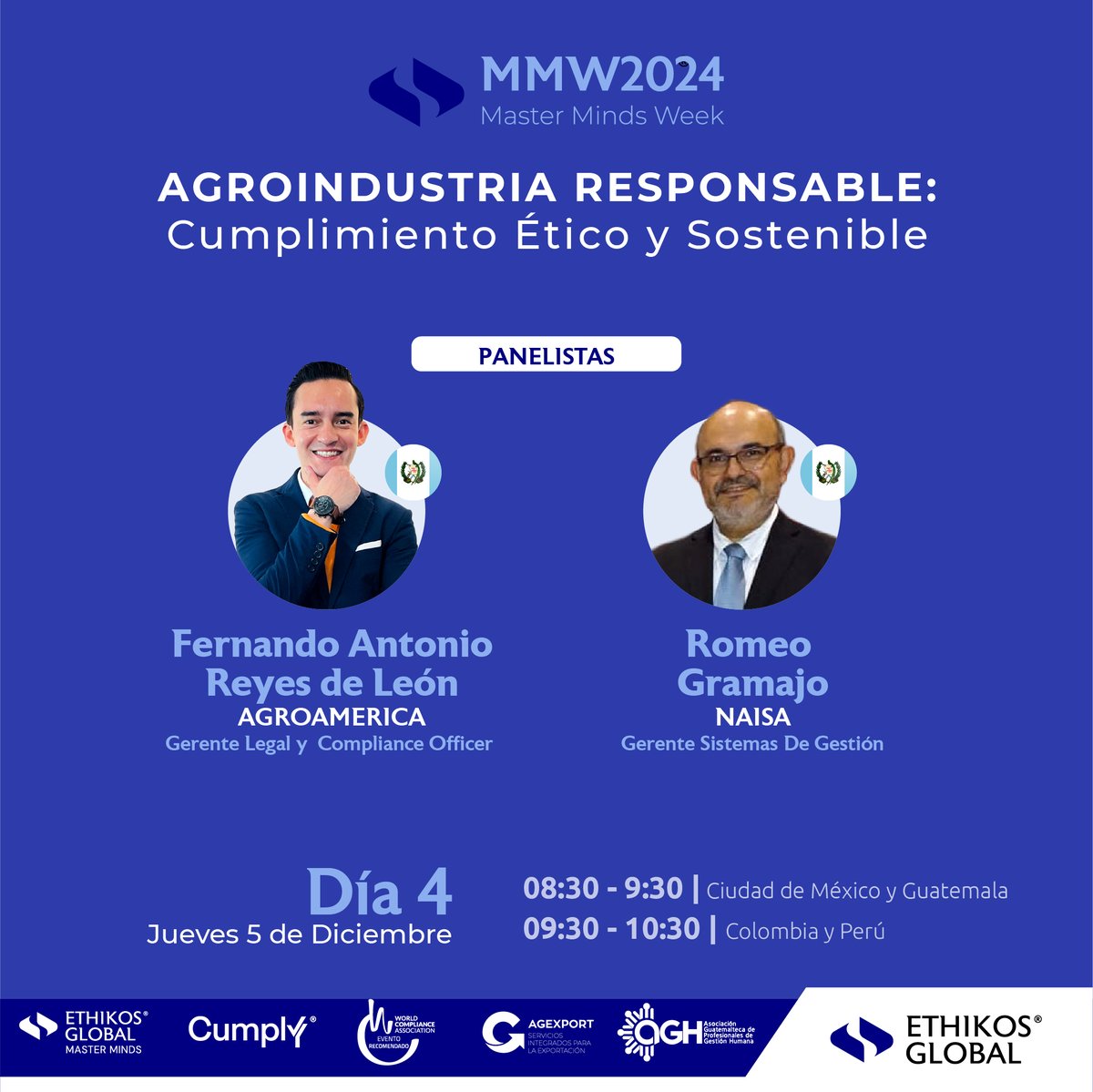 EthikosGlobal's tweet image. 🎓 ¡Día 4 de la Master Minds Week 2024!

🌟 Panel 2 (08:30 AM): Agroindustria Responsable con AgroAmerica y NAISA.

🌾 Aprende cómo el compliance impulsa sostenibilidad y fortalece certificaciones.

📅 Regístrate aquí: bit.ly/48ZHdNh

#MMW2024 #CumplimientoEnAcción