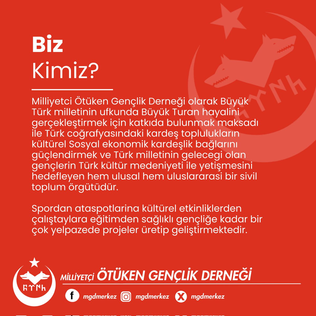 Kısaca Biz Kimiz?

Milliyetçi Ötüken Gençlik Derneği olarak Büyük Türk milletinin ufkunda büyük Turan hayalini gerçekleştirmek için katkıda bulunmak maksadı ile Türk coğrafyasındaki kardeş toplulukların kültürel,sosyal ve ekonomik kardeşlik bağlarını güçlendirmek >>