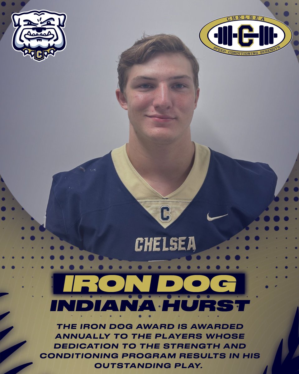 Chelsea HS Football (@chelseafb_sec) on Twitter photo Congratulations to Indiana Hurst <a href="/HurstIndy09/">Indy Hurst</a> on winning the 2024 Iron Dog Award! This award is voted on by teammates, and awarded to the player whose dedication to the Strength and Conditioning program results in his outstanding play. #NEXT Congratulations to Indiana Hurst <a href="/HurstIndy09/">Indy Hurst</a> on winning the 2024 Iron Dog Award! This award is voted on by teammates, and awarded to the player whose dedication to the Strength and Conditioning program results in his outstanding play. #NEXT