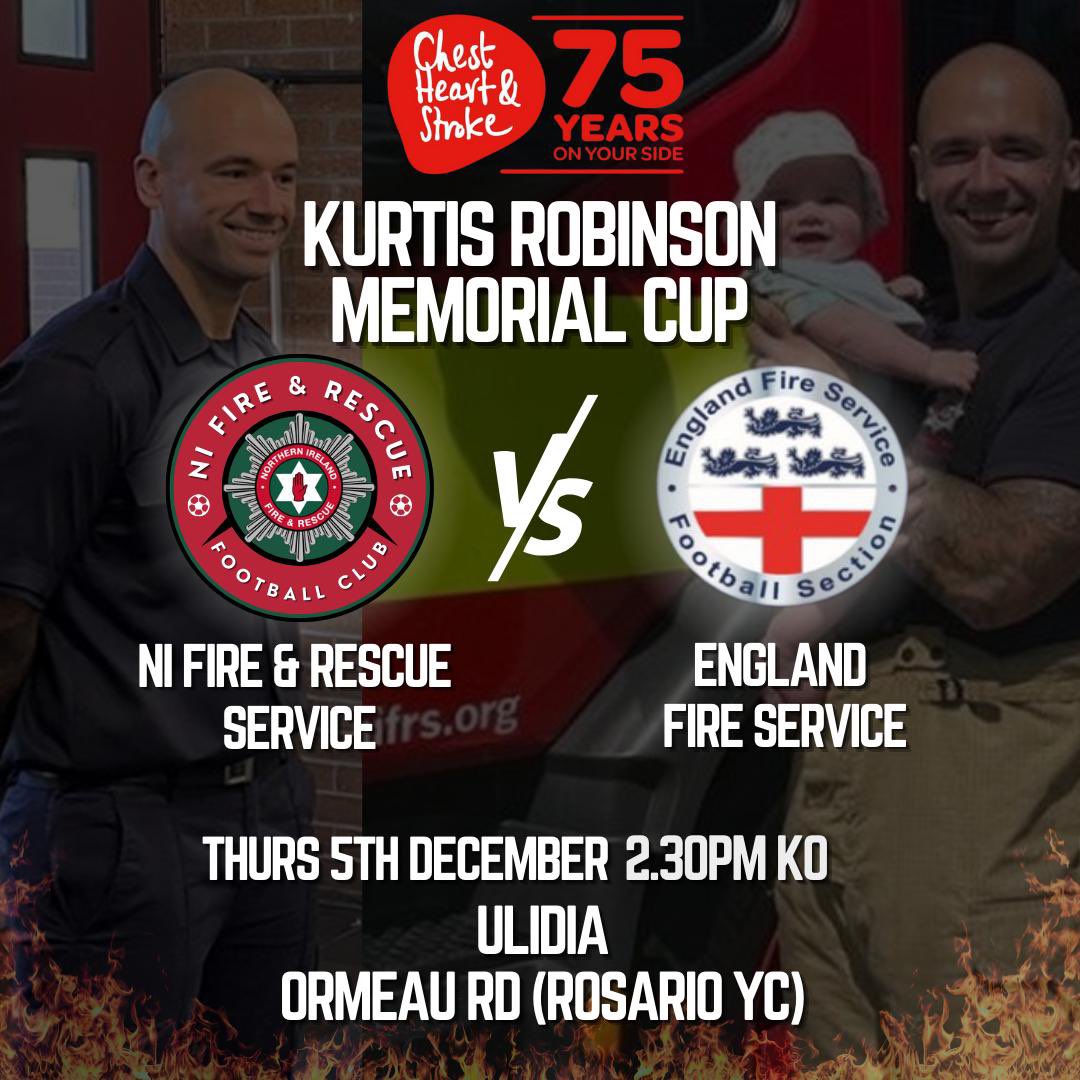English Fire Service Football Section (@englishfiresfs) on Twitter photo Tomorrow
England face <a href="/NIFRSOFFICIAL/">Northern Ireland Fire & Rescue Service</a> in the Kurtis Robinson memorial cup
This will be the first time the side face each other
📅 Thursday 5th December
🆚 <a href="/NIFRSOFFICIAL/">Northern Ireland Fire & Rescue Service</a>
⏰ 14:30pm kick off
🏟️ TBC
<a href="/Awards_FC_/">Awards FC</a> <a href="/GerdaSecurity/">Gerda, GSP Group®</a> <a href="/BTTFRS1/">Bells and Two Tones</a> <a href="/fssaafootball/">FIRESPORTUK FOOTBALL (C)</a> <a href="/SKkits2/">SKkits</a> @sportingley Tomorrow
England face <a href="/NIFRSOFFICIAL/">Northern Ireland Fire & Rescue Service</a> in the Kurtis Robinson memorial cup
This will be the first time the side face each other
📅 Thursday 5th December
🆚 <a href="/NIFRSOFFICIAL/">Northern Ireland Fire & Rescue Service</a>
⏰ 14:30pm kick off
🏟️ TBC
<a href="/Awards_FC_/">Awards FC</a> <a href="/GerdaSecurity/">Gerda, GSP Group®</a> <a href="/BTTFRS1/">Bells and Two Tones</a> <a href="/fssaafootball/">FIRESPORTUK FOOTBALL (C)</a> <a href="/SKkits2/">SKkits</a> @sportingley