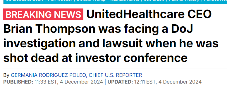 SantaSurfing's tweet photo. United Healthcare CEO Brian Thompson and other executives were caught with insider trading, sold $117M of their stock during the federal probe (and investors were not notified)!    Thompson gets shot at investor conference.  

Q3815
"What happens when people learn the TRUTH? 
What happens when people WAKE UP? 
They will not be able to WALK down the street. 
THE GREAT AWAKENING. 
Q"

https://t.co/q8aBblmabe
@galinmam415