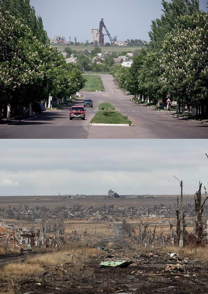 This is #Marinka in #Donetsk region, east #Ukraine, before (above) and after (below) the Russian occupation. 

Marinka’s prewar population was ~10,000, now it is 0. #Russia did this: