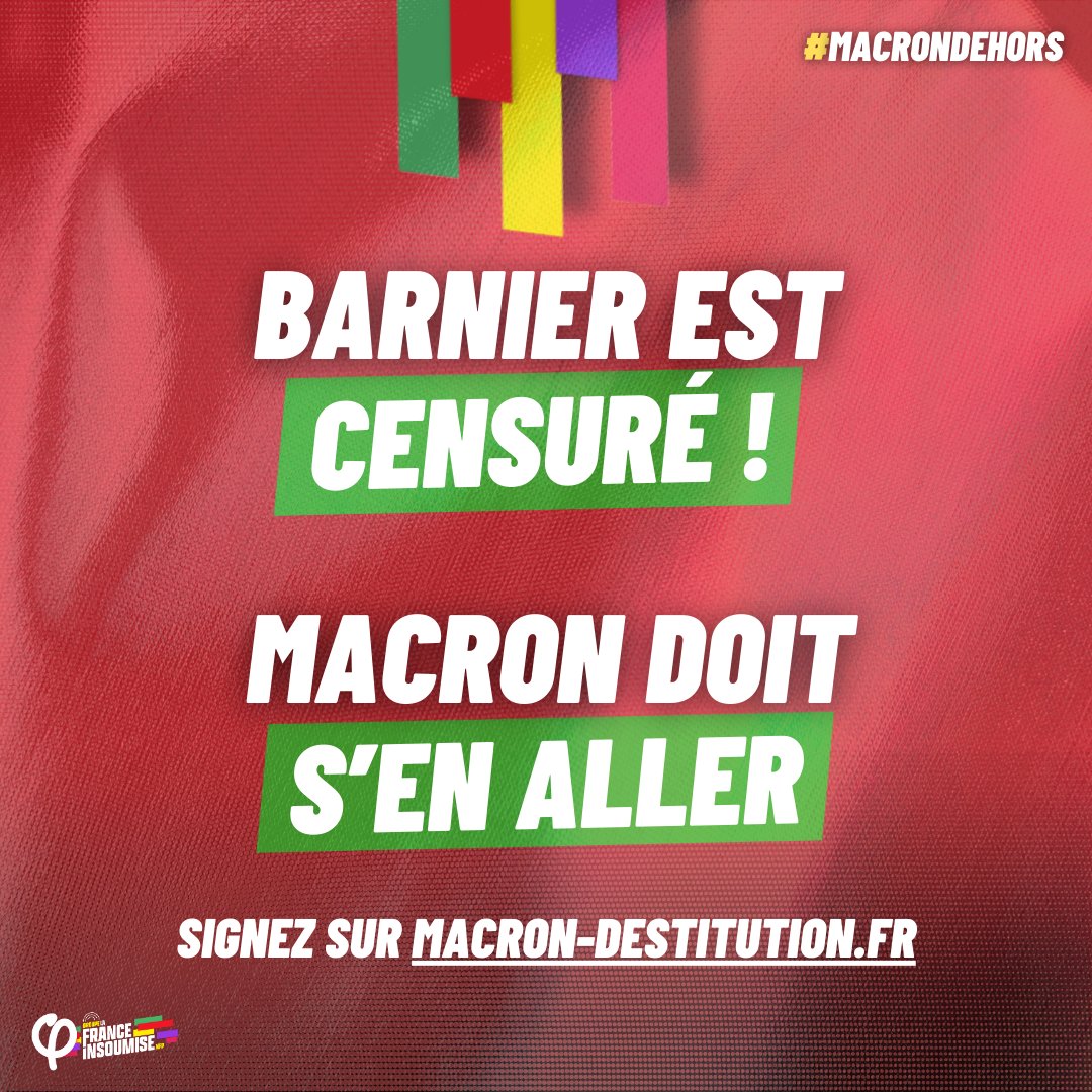 FiAssemblee's tweet image. 🔴⚡️ Historique !

Nous avons fait tomber l'illégitime Gouvernement Barnier avec notre #MotionDeCensure !

Et comme le demande 63% des Français·es, Emmanuel Macron doit maintenant s'en aller.

#MacronDehors, signez la pétition ➡️ macron-destitution.fr