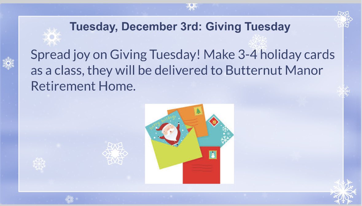 QuakerVillagePS's tweet image. Day 2: Giving Tuesday
Our classes are making cards for our local Senior Home, Butternut Manor.