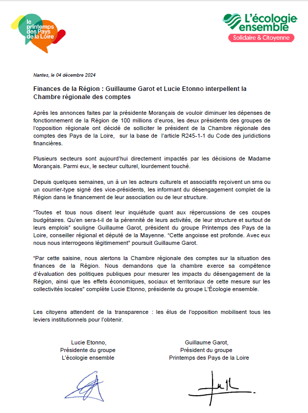 Le Printemps des Pays de la Loire (@printempspdl) on Twitter photo Budget de la Région Pays de la Loire : avec <a href="/EcologieEnsembl/">L'Ecologie Ensemble, solidaire & citoyenne</a> nous interpellons la Chambre régionale des comptes
➡️tous les secteurs seront impactés !
notre communiqué de presse commun 👇 Budget de la Région Pays de la Loire : avec <a href="/EcologieEnsembl/">L'Ecologie Ensemble, solidaire & citoyenne</a> nous interpellons la Chambre régionale des comptes
➡️tous les secteurs seront impactés !
notre communiqué de presse commun 👇