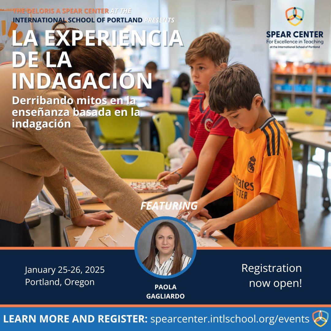spearcenterpdx's tweet image. ¿Cómo se ve realmente la indagación en acción?
Join us for "La experiencia de la indagación," a two-day Spanish-language workshop with Paola Gagliardo!
Register now and experience the power of inquiry firsthand!
spearcenter.intlschool.org/events/experie…
#Indagación @G2012Paola @inquiryfive