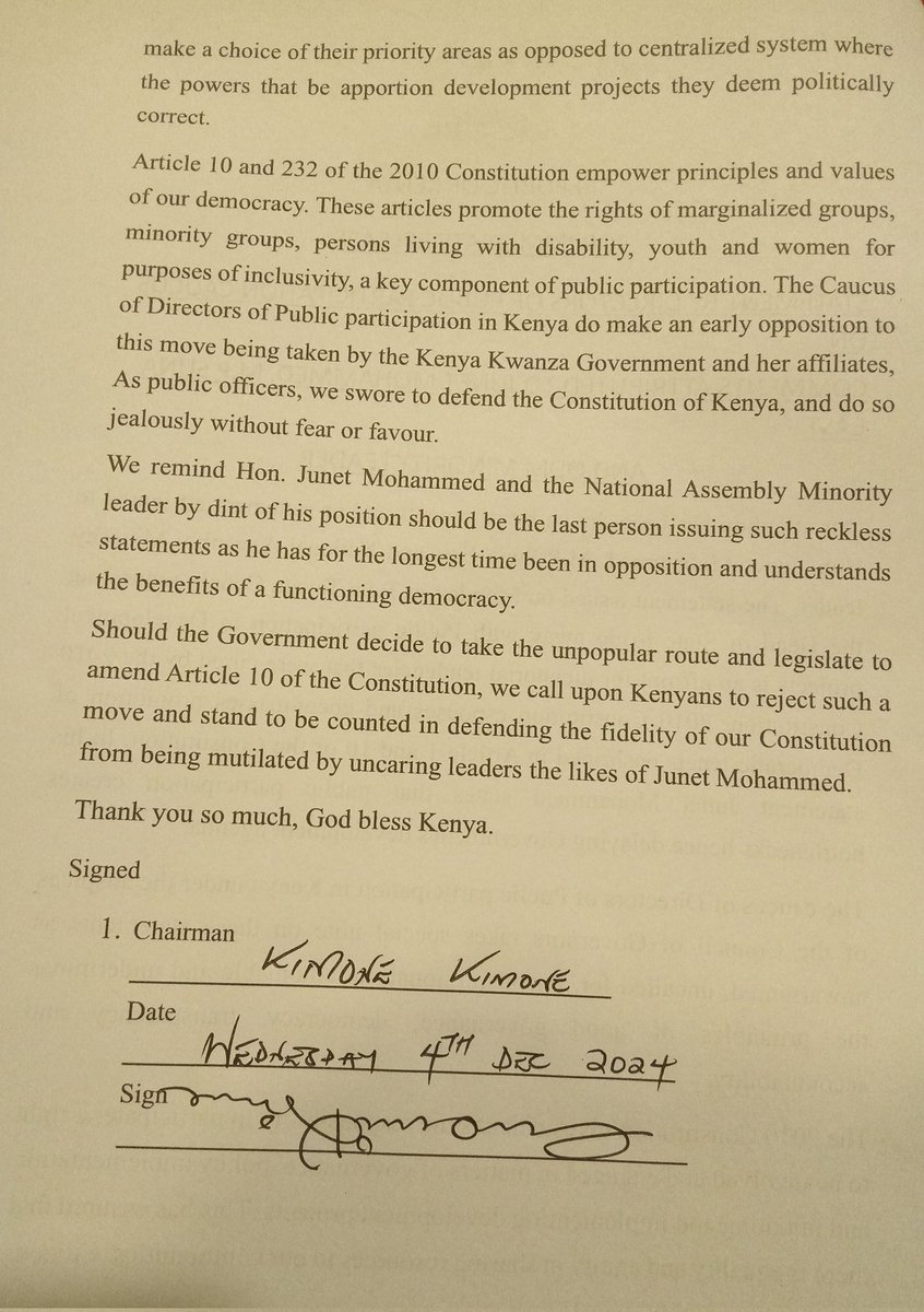 KIMONEKKIMONE's tweet photo. PUBLIC PARTICIPATION CAUCUS STAND ON @JunetMohamed retrogressive utterances. 

We cannot allow defiling of our Constitution. 

@KenyaGovernors @katibainstitute @bajeti_hub @AfricanHub_ @ntvkenya @citizentvkenya @KamemeTvKenya @inoorotv @tv47news https://t.co/pKcuUD1Xar