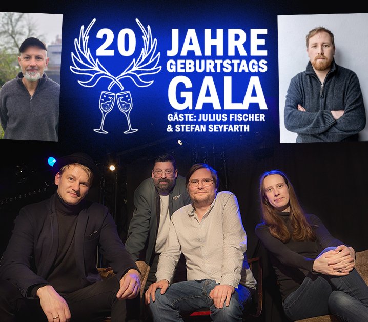 Die Dresdner Lesebühne Sax Royal feiert ihren 20. Geburtstag in der Schauburg! Zur Feier des Tages kehren zwei ehemalige Mitstreiter in den Schoß der Lesebühne zurück: Julius Fischer &amp; Stefan Seyfarth!

Gruppenbild 📸 <a href="/FreezeFramePic/">Robby Klee </a> 
<a href="/MichaelBittner/">Michael Bittner</a> 

🎫 scheune.org/show/4948/20-j…
