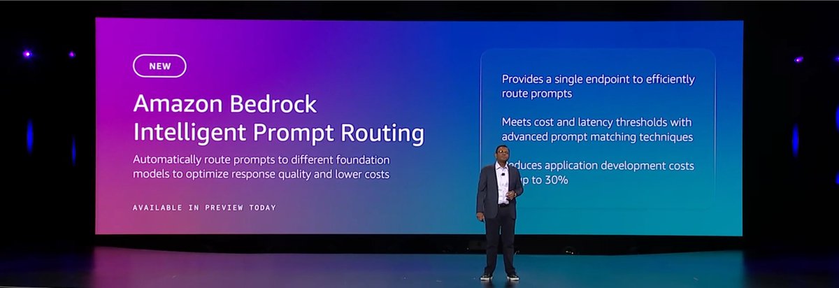 emanik's tweet photo. #AWS's @SwamiSivasubram announces Prompt Routing and Prompt Caching for GenAI use cases. 

For CIOs and CTOs: 

Prompt Routing will: 
☑️ Optimize model selection 
☑️ Allocate prompts to small vs large models based on complexity 
☑️Reduce TCO

Prompt Caching will: 
☑️ Reduce latency improving response times
☑️ Optimize and make context management efficient
☑️ Reduce TCO 

@awscloud #AWS #reinvent2024 @TBMCouncil #TCO