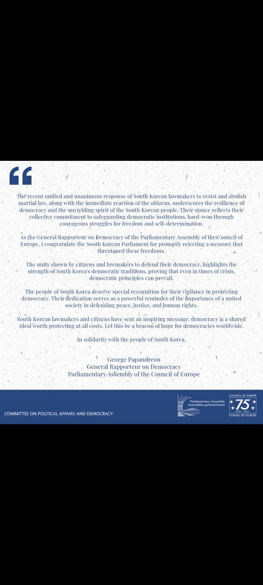 General Rapporteur on Democracy of the Parliamentary Assembly of the Council of Europe, George Papandreou, on recent events in South Korea: