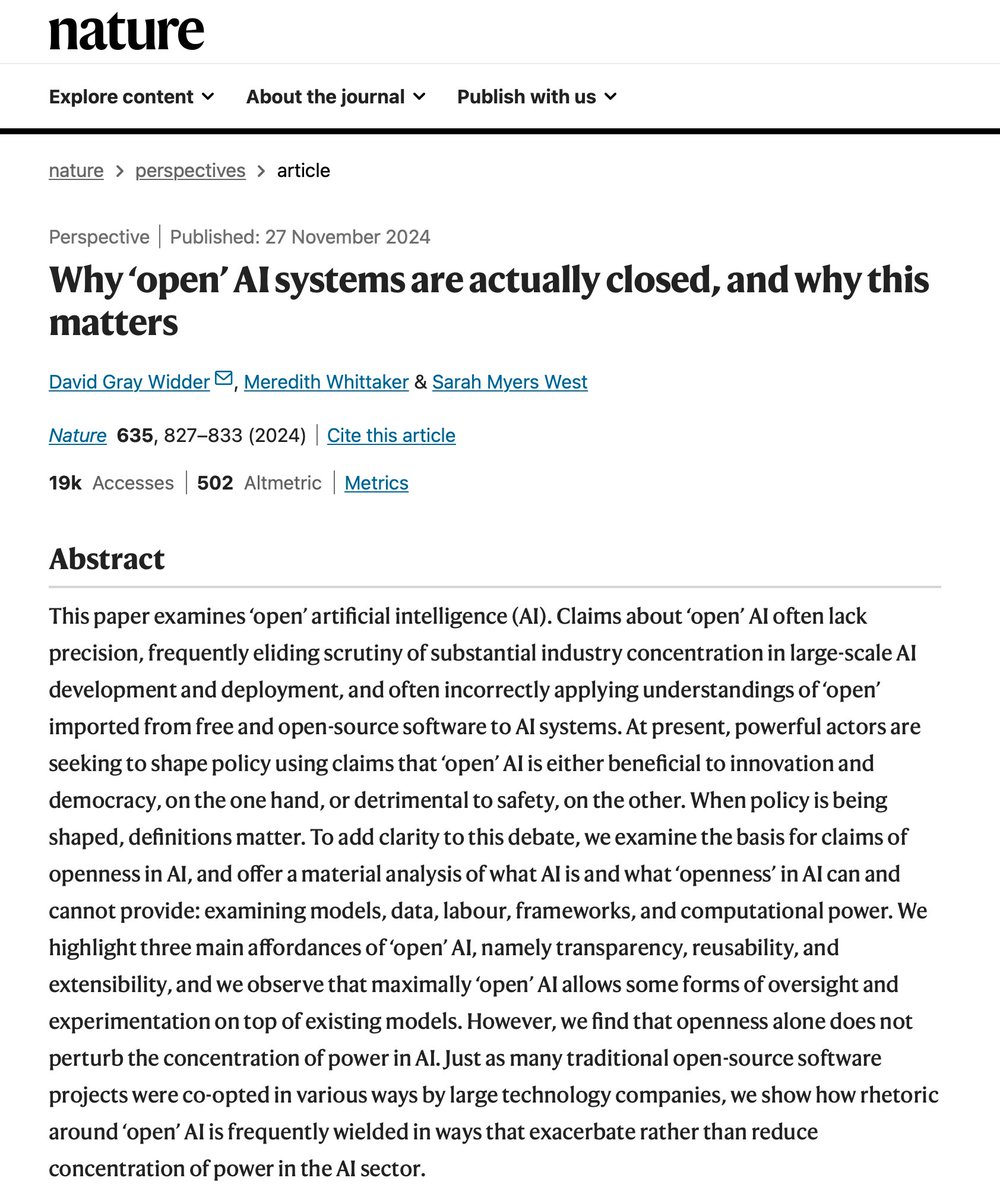 Mostly here now: @davidthewid.bsky.social (@davidthewid) on Twitter photo 📣 New paper: AI depends on immense resources, mostly controlled by large companies.
This means "open" AI… isn't very open.
📄 From me, <a href="/mer__edith/">Meredith Whittaker</a> and <a href="/sarahbmyers/">Sarah Myers West</a> in Nature:
nature.com/articles/s4158… 📣 New paper: AI depends on immense resources, mostly controlled by large companies.
This means "open" AI… isn't very open.
📄 From me, <a href="/mer__edith/">Meredith Whittaker</a> and <a href="/sarahbmyers/">Sarah Myers West</a> in Nature:
nature.com/articles/s4158…