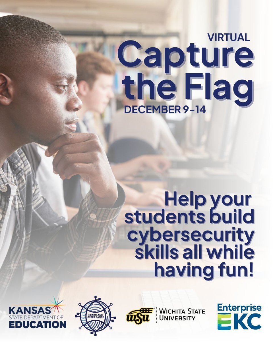 ksdehq's tweet photo. Reminder: Looking to sharpen your cybersecurity skills while having fun? 

Kansas high school students are invited to participate in a a virtual “Capture the Flag” (CTF), Dec. 9-14, to sharpen their cybersecurity skills!

Learn More: https://t.co/melMGluqu2 https://t.co/ElDCuzItuf