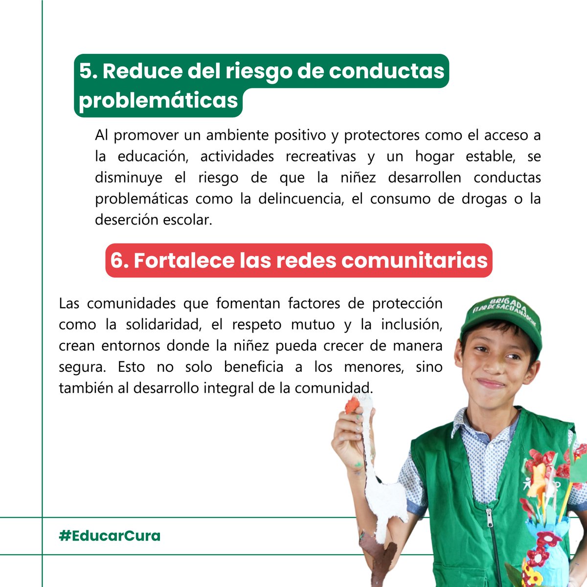 Fortalecer los factores de protección en la #niñez es clave para su #desarrollo integral.

🔑 ¿Por qué es importante fomentarlos? Te lo explicamos a continuación.💚​
#EducarCura #NiñezProtegida #BienestarInfantil #Familia #Protección