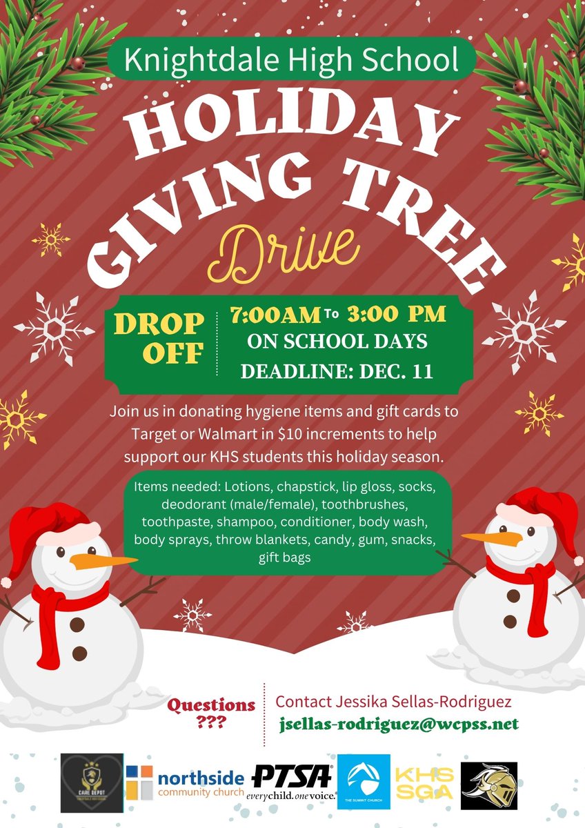 KHS is collecting $10 gift cards and toiletry items for our Knights in need. Please consider donating. Items can be brought to Student Services.