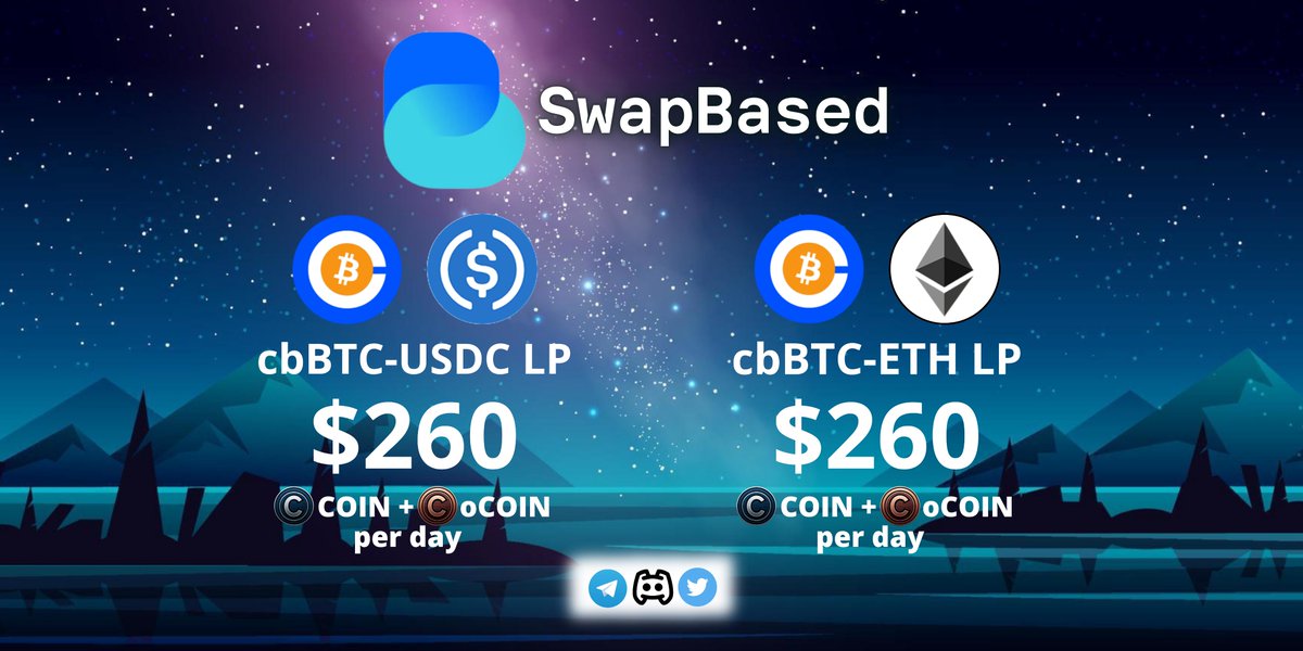 SwapBased (@swap_based) on Twitter photo The goal is everything on <a href="/base/">Base</a> .
SwapBased V3 | Concentrated Liquidity introduces two new farms revolving around $cbBTC
β’ $cbBTC - $ETH ( 0.05% Fee )
β’ $cbBTC - $USDC ( 0.05% Fee )
Enjoy the best Bitcoin returns with #SwapBased
swapbased.finance/#/farm The goal is everything on <a href="/base/">Base</a> .
SwapBased V3 | Concentrated Liquidity introduces two new farms revolving around $cbBTC
β’ $cbBTC - $ETH ( 0.05% Fee )
β’ $cbBTC - $USDC ( 0.05% Fee )
Enjoy the best Bitcoin returns with #SwapBased
swapbased.finance/#/farm