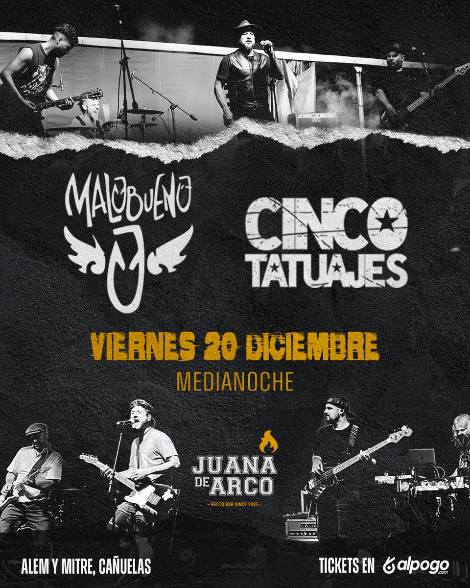 SE VIENE LA ULTIMA DEL AÑO !! 
20 de Diciembre!!

Damos fin a esta gira 2024 "De Mares o de Bar" .

En casa como siempre.

 Juana de Arco ( Alem y Mitre) Cañuelas 

Medianoche

Junto a los amigos de <a href="/cincotatuajes/">CINCO TATUAJES</a>

ANTICIPADAS A LA VENTA CON DESCUENTO.