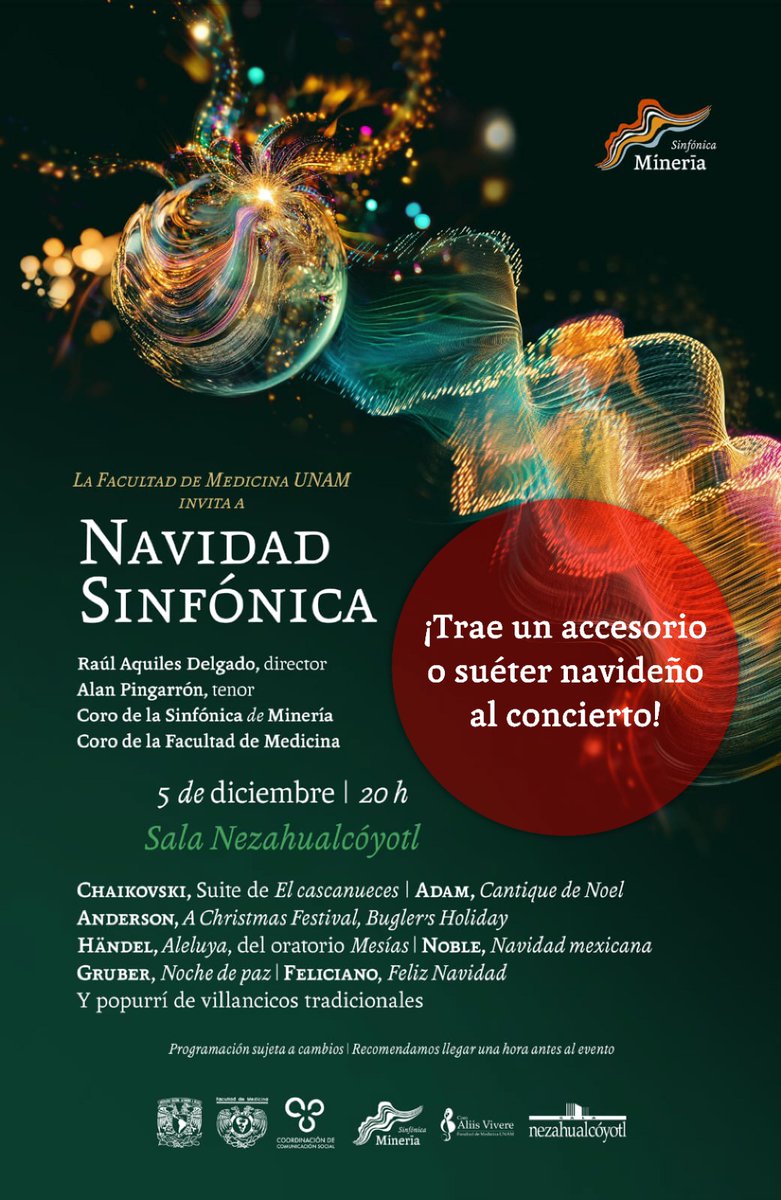 FacMedicinaUNAM's tweet image. 🎄✨ ¡La #Navidad está más cerca que nunca! 🎶🎅
Si nos vas a acompañar al #ConciertoNavideño, ¡no olvides tu atuendo más festivo! 🎉

Prepárate para una noche mágica llena de las mejores melodías decembrinas, que nos envolverán en el auténtico #EspírituNavideño🌟🎁
#SomosFacMed