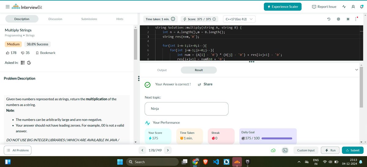 _brandon_x_'s tweet image. I have completed the Day 338 of the #365daysofcode challenge. 
Solved the question- Multiply Strings
@scaler_official
#Day338 #scalerdiscord #codewithscaler #365daysofcodescaler #365DaysofCode
