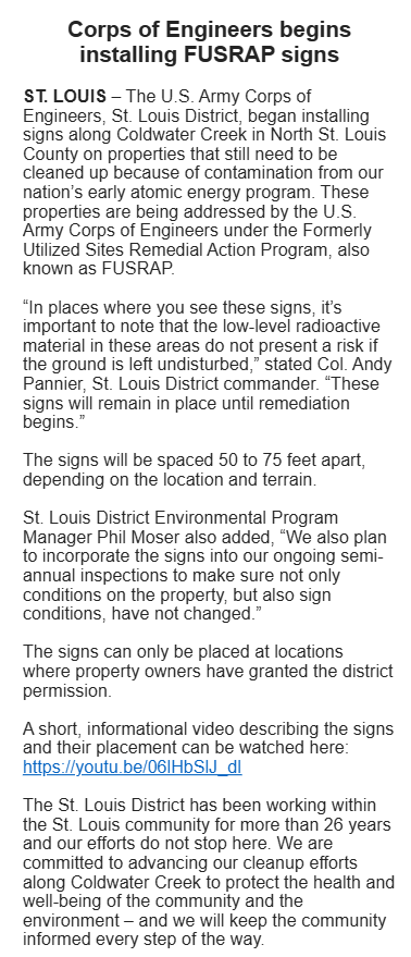 INBOX: The U.S. Army Corps of Engineers, St. Louis District, began installing signs along Coldwater Creek in North St. Louis County.