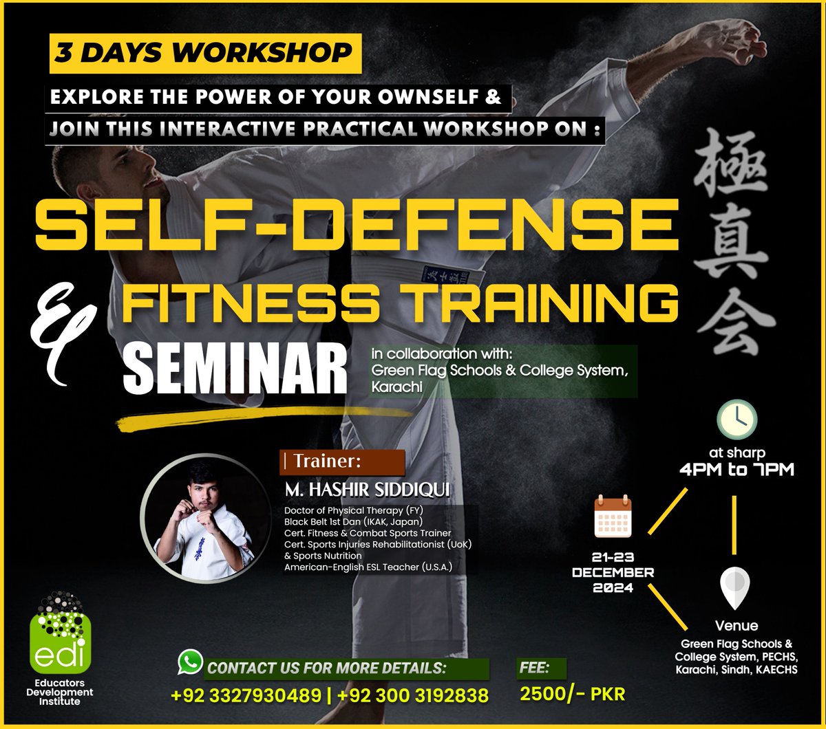 MHashirSiddiqui's tweet photo. Excited to announce the 5th batch of my exclusive workshop on Martial Arts &amp; Physical Fitness! Join us to learn self-defense, physical fitness, and the science behind human response to training &amp; stressful scnr. In collaboration with GFSC.

Register here: https://t.co/qqTpEAQ71F https://t.co/gyINoqRIzg