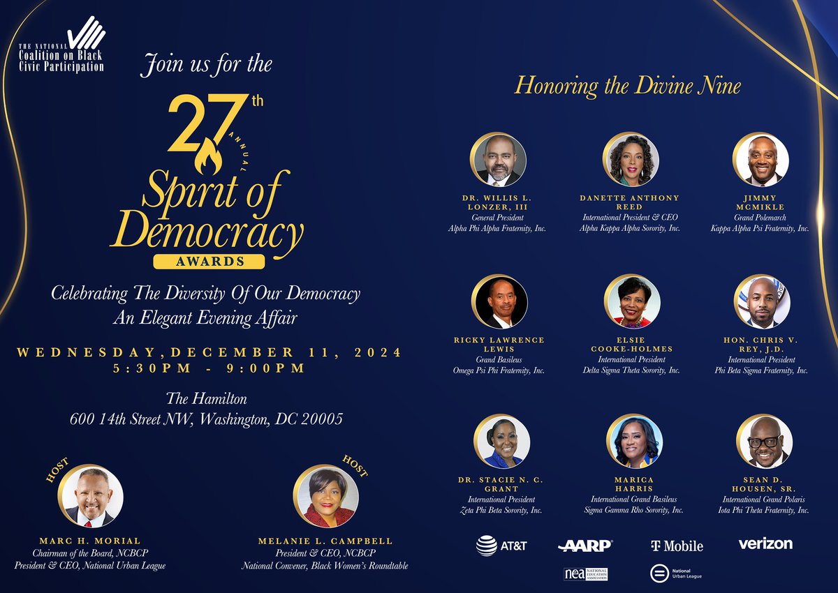 NCBCP (@ncbcp) on Twitter photo Join us for the 27th Annual Spirit of Democracy Awards on Wednesday, December 11, 2024, at The Hamilton in Washington, D.C.
The Chairman’s Reception will begin at 5:30 PM, followed by the Awards Ceremony and Intergenerational Leadership Roundtables at 6:30 PM. The year will Join us for the 27th Annual Spirit of Democracy Awards on Wednesday, December 11, 2024, at The Hamilton in Washington, D.C.
The Chairman’s Reception will begin at 5:30 PM, followed by the Awards Ceremony and Intergenerational Leadership Roundtables at 6:30 PM. The year will