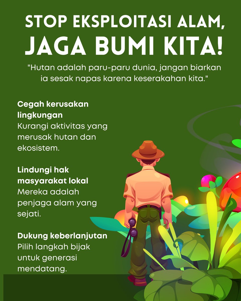 RifaiSetiawanz's tweet photo. Hentikan Eksploitasi, Pulihkan Harmoni"
Bumi bukan hanya warisan, tapi titipan. Setiap tindakan yang merusak alam akan kita bayar dengan masa depan yang suram
#SaveNature #StopEksploitasiAlam #LindungiBumi #CintaLingkungan #BumiLestari https://t.co/i6Drhm2tqR