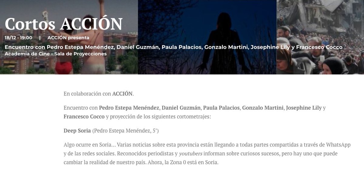 Deep Soria (@soriadeep) on Twitter photo 🎟El miércoles, 18 de diciembre, se proyectará el cortometraje DEEP SORIA en la Academia de las Artes y las Ciencias Cinematográficas de España junto con otras cinco historias. Después, se celebrará un coloquio. ¿Te apuntas?
Gracias a <a href="/acciondirectorx/">ACCIÓN Asociación Directoras y Directores de Cine</a>.
ℹ️ academiadecine.com/actividades/co… 🎟El miércoles, 18 de diciembre, se proyectará el cortometraje DEEP SORIA en la Academia de las Artes y las Ciencias Cinematográficas de España junto con otras cinco historias. Después, se celebrará un coloquio. ¿Te apuntas?
Gracias a <a href="/acciondirectorx/">ACCIÓN Asociación Directoras y Directores de Cine</a>.
ℹ️ academiadecine.com/actividades/co…