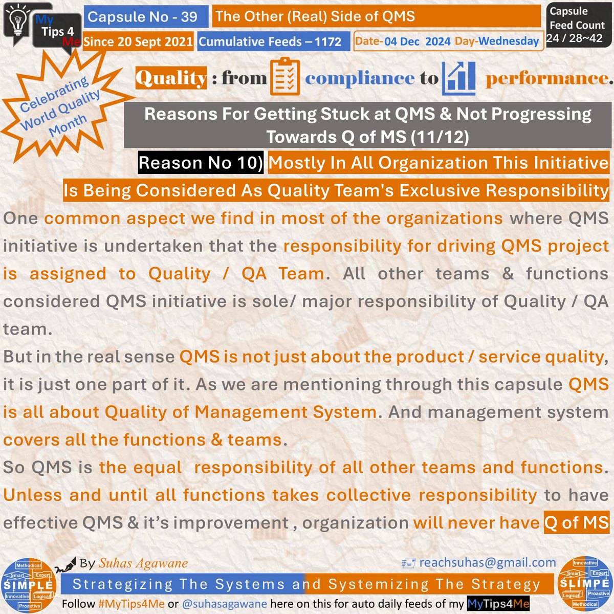 SuhasAgawane's tweet photo. Reasons For Getting Stuck at #QMS &amp; Not Progressing Towards #QofMS 11/12
#Wednesday Feed 1172 (24/28~42) From Morning Yo Tips For Managerial Excellence #MyTips4Me capsule - 39 'The Other (Real) Side of QMS'
#Leadership #Startup #Management #System  #Entrepreneur #WQW2024 #Quality https://t.co/5qCYLVXmiH