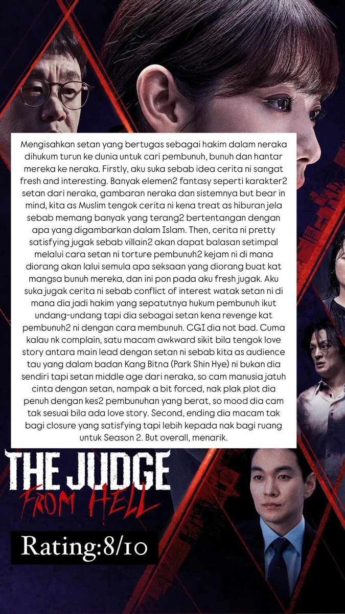 azim_azmn97's tweet photo. THE JUDGE FROM HELL.RATING:8/10.
Fresh idea. Interesting way of picturising hell and its system including the demons characters.
#thejudgefromhell #disneyplus #parkshinhye #kdrama #kseries #koreandrama #koreanseries #kdramareview #kseriesreview #seriesreview #reviewseries https://t.co/ODHc2buWtv