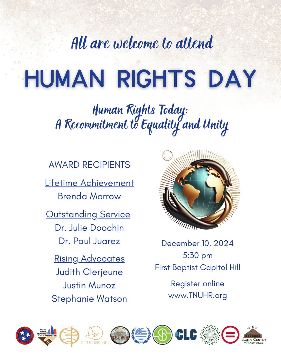 Join us next Tuesday, Dec 10 @ 5:00pm for the TN Celebration of International Human Rights Day! We'll be at First Baptist Church, Capitol Hill in Nashville. We will celebrate human rights and honor human rights champions in Tennessee. 

Register here➡️ bit.ly/tnhrday24
