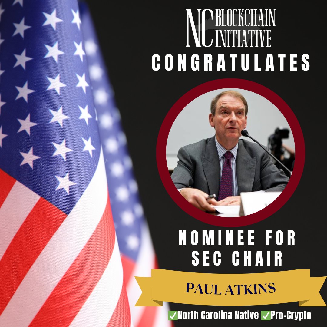 The <a href="/NC_Blockchain/">North Carolina Blockchain + Ai Initiative</a> Initiative applauds President-Elect Trump's intent to nominate Lillington, North Carolina's-own Paul S. Atkins to become the next Chair of the <a href="/SECGov/">U.S. Securities and Exchange Commission</a>.  

Paul sees #digitalassets &amp; #emergingtech as vital to building a stronger future.

#NCPOL