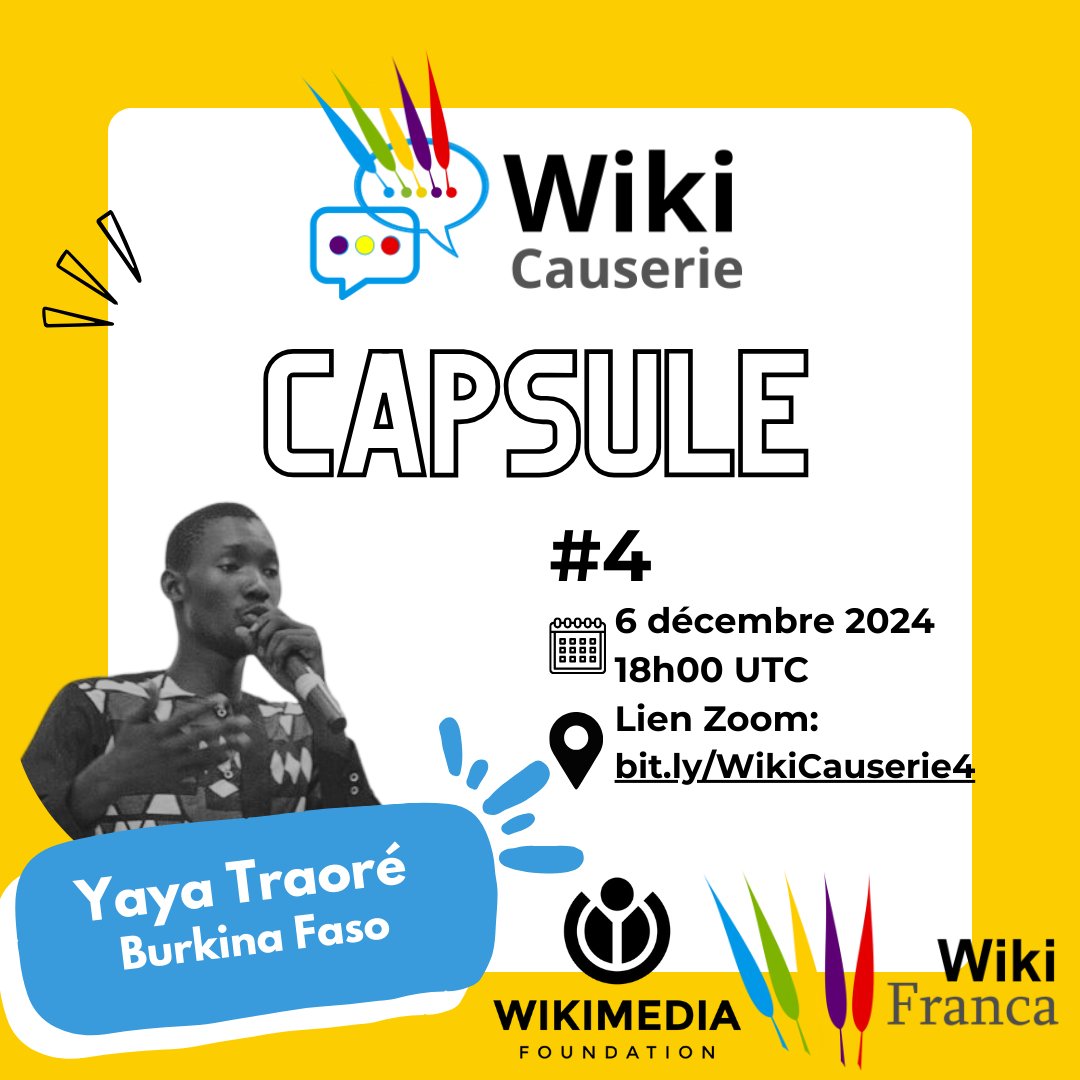 WikiFranca (@wikifranca) on Twitter photo Échos des Conférences 2024 : premiers retours des francophones  !
Avec Yaya Traoré (Burkina Faso), Poslovitch (France) et Ferdinand Irankunda (Burundi).
📅 RDV le 6 déc. 2024 à 18 h UTC
👉 bit.ly/WikiCauserie4  
#WikiCauserie Échos des Conférences 2024 : premiers retours des francophones  !
Avec Yaya Traoré (Burkina Faso), Poslovitch (France) et Ferdinand Irankunda (Burundi).
📅 RDV le 6 déc. 2024 à 18 h UTC
👉 bit.ly/WikiCauserie4  
#WikiCauserie