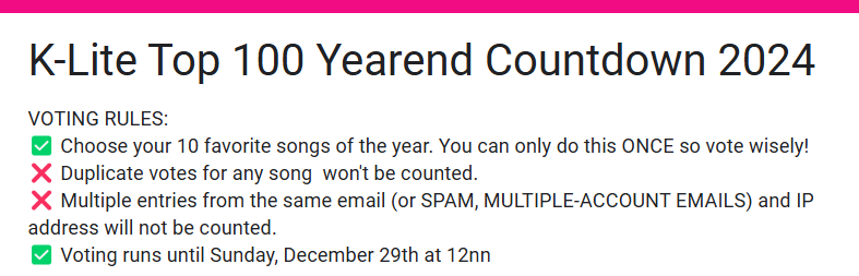 jMez08's tweet photo. [📈] BES I LUV U by AJAA is nominated at @klite967fm's Top 100 #YearEndCountdown 2024 and you have the power to dictate it's fate 🫵

HANIES 📣 vote for AJAA and 9 other songs and make your choices count 🗳️

Follow the rules and put BES I LUV U by AJAA at #1
#AJAA @AJAAofc