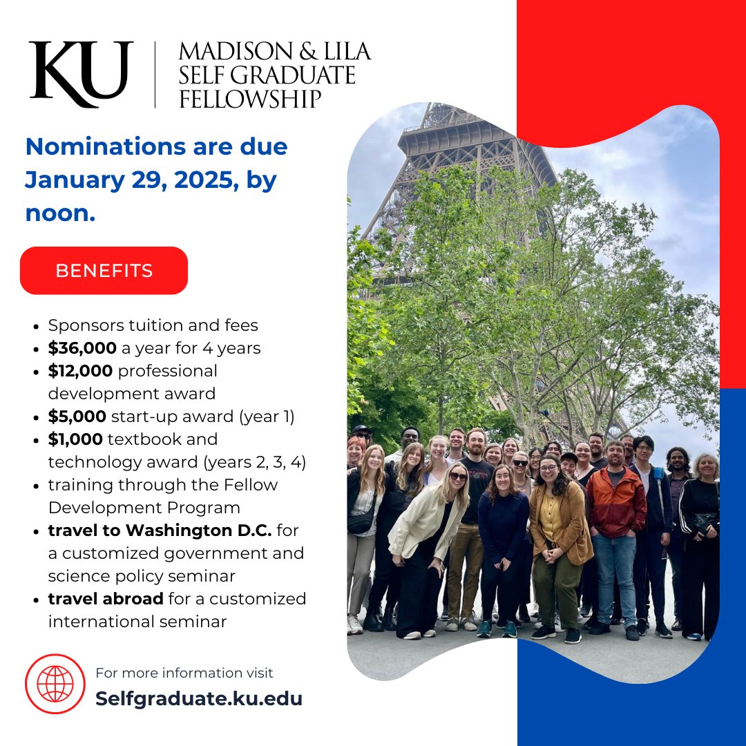 📢 Reminder: KU departments, don’t miss the opportunity to nominate exceptional graduate students for the Self Graduate Fellowship. The deadline to submit nominations is Wednesday, January 29, 2025, at noon CST.

For more information, visit selfgraduate.ku.edu/fellowship-nom…