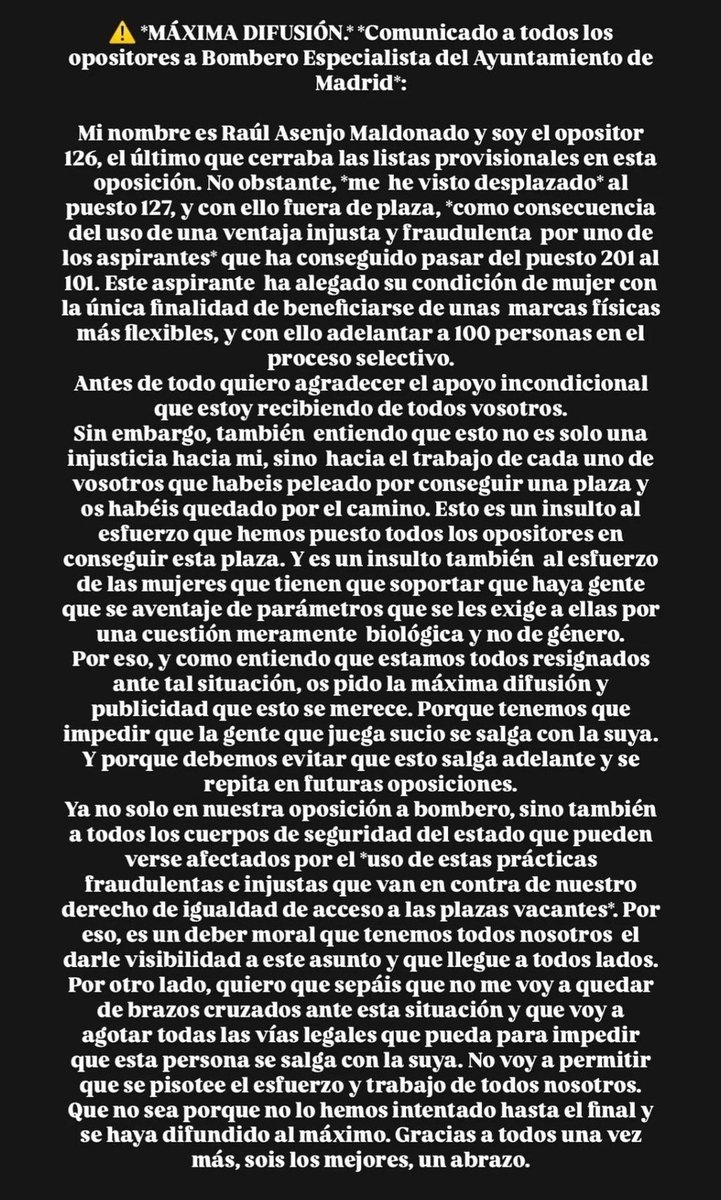ivaaanpeemo's tweet photo. ⚠️⚠️⚠️ DIFUSIÓN MÁXIMA, a cuantas más personas le llegue mejor⚠️⚠️⚠️

Es una vergüenza lo que acaba de pasar en la oposición de Bomberos Especialistas para el Ayuntamiento de Madrid 🚒🚒 https://t.co/7BWUeIBfjf