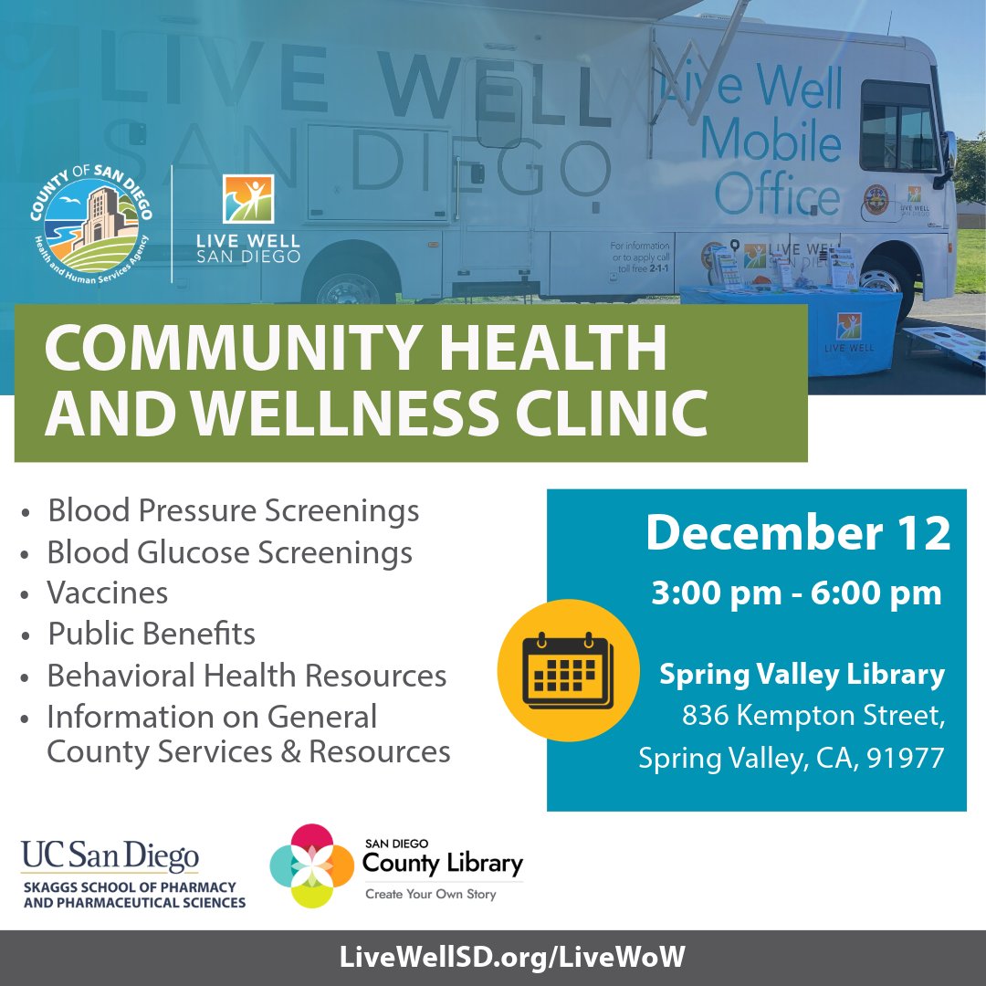 livewell_sd's tweet photo. Stop by for FREE health screenings, vaccines, and more from @SanDiegoCounty and @UCSDPharmacy! A Community Health and Wellness Clinic is returning to the Spring Valley Library on December 12 from 3-6pm🩺
#LiveWellSD @SDCountyLibrary @SDCountyHHSA https://t.co/8qHHNqaqK5