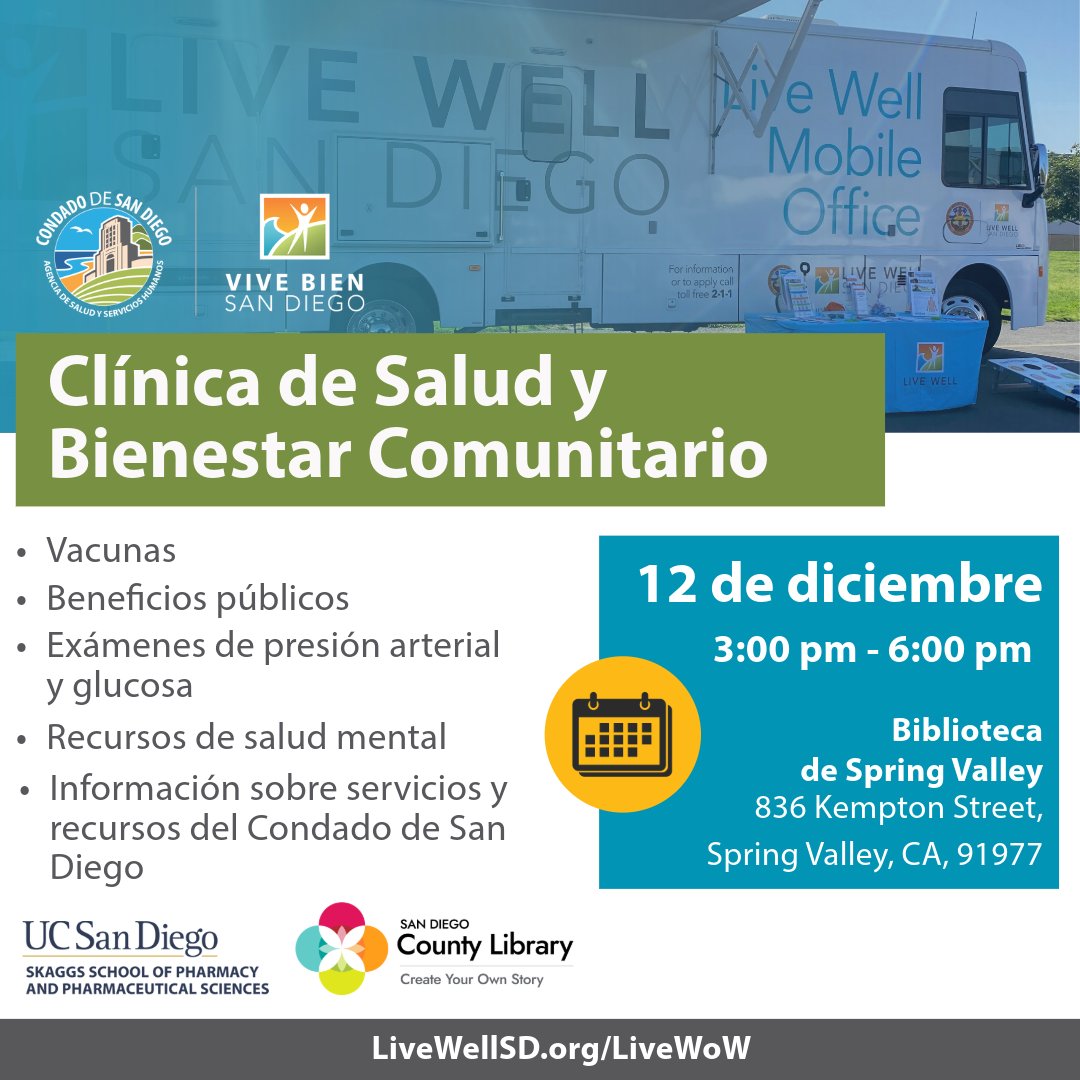 livewell_sd's tweet photo. Stop by for FREE health screenings, vaccines, and more from @SanDiegoCounty and @UCSDPharmacy! A Community Health and Wellness Clinic is returning to the Spring Valley Library on December 12 from 3-6pm🩺
#LiveWellSD @SDCountyLibrary @SDCountyHHSA https://t.co/8qHHNqaqK5