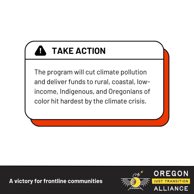 Text: The program will cut climate pollution and deliver funds to rural, coastal, low-income, Indigenous, and Oregonians of color hit hardest by the climate crisis.
