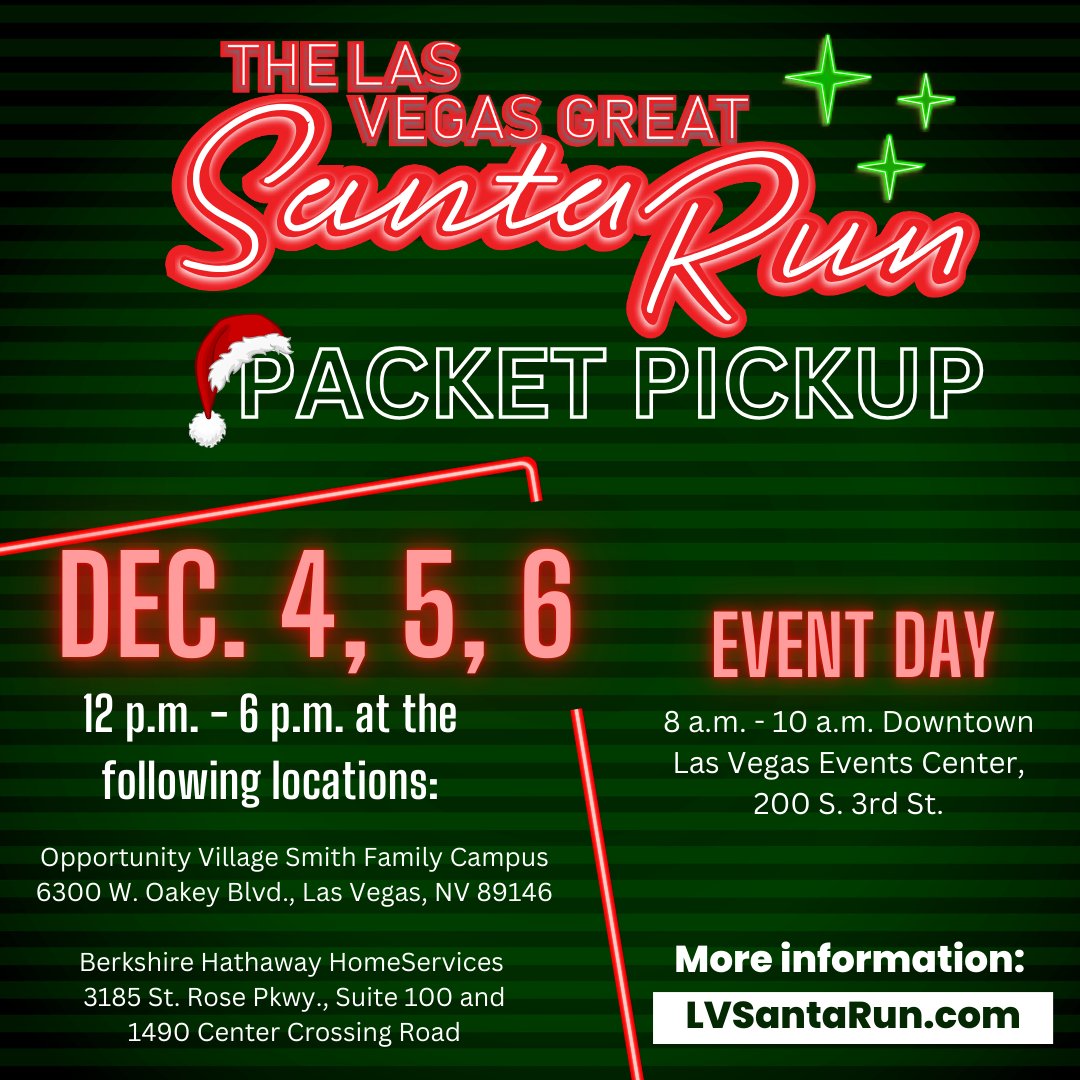 Attention runners:
The time has come for packet pick up! Come collect your race bib, Santa suit* and swag bags at the pictured locations, dates and times.

l8r.it/7yWH

#LVSantaRun