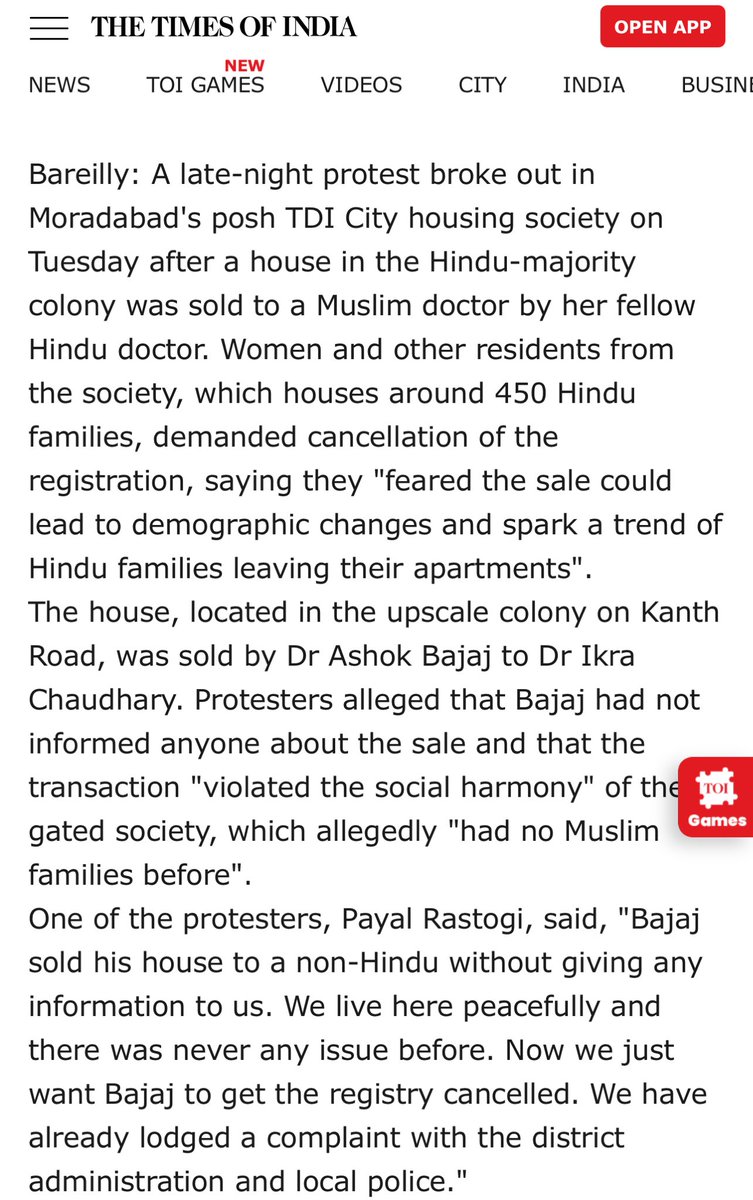 TheDeshBhakt's tweet photo. A Doctor sold his house to a fellow Doctor… why on earth would that lead to a massive protest / uproar in a posh housing society in Moradabad??
Well because the DOCTOR who bought the house is a Muslim and that will lead to ‘security concerns’ say residents.
Welcome to #NewIndia https://t.co/psQETYdbCp