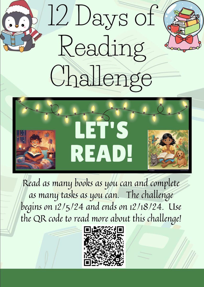 PS58RSSColumbia's tweet photo. Our "12 Days of Reading Challenge" is happening now until December 18th. Read as many books as you can &amp; complete as many tasks as you can.📚📖 Scan the QR code for details.  The top participants will earn the opportunity to "shop" at our pop-up Shuttle Shop 🚀 @StaciBalice https://t.co/NpJrXsn1Sz