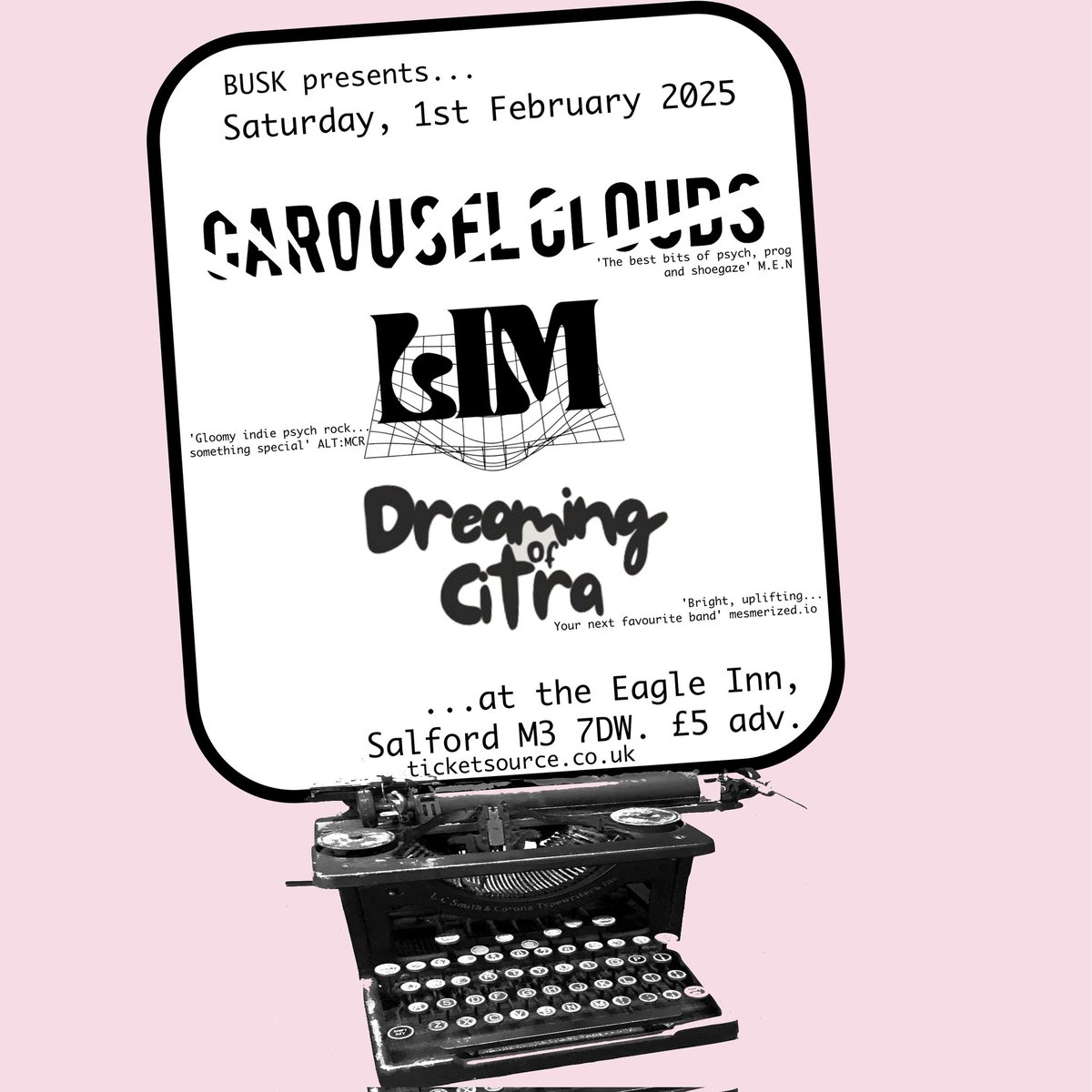 Carousel Clouds (@carouselclouds) on Twitter photo NEW LIVE SHOW!
The first Carousel Clouds show of 2025 will take place at the wonderful <a href="/EagleInnSalford/">The Eagle Inn</a> Expect new music, along with some favourites. Joining us on Saturday, 1st February 2025 will be the most excellent L I M and Dreaming of Citra. Limited, early £5 tickets. ⬇️ NEW LIVE SHOW!
The first Carousel Clouds show of 2025 will take place at the wonderful <a href="/EagleInnSalford/">The Eagle Inn</a> Expect new music, along with some favourites. Joining us on Saturday, 1st February 2025 will be the most excellent L I M and Dreaming of Citra. Limited, early £5 tickets. ⬇️