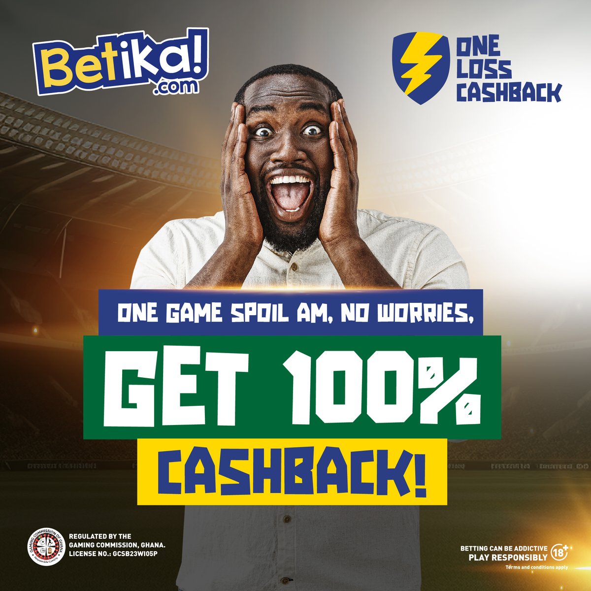 Betika_Ghana's tweet photo. Our ONE-LOSS CASHBACK is here! GET 100% of your money back whenever only one game spoils your bet slip. T&Cs apply. Play here: https://t.co/FUEaKH3hvo #Betikagh #OneLossCashback https://t.co/seKD9TNotK