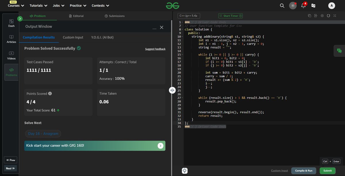 Anishhhaaa_a's tweet photo. 🎯Day 15 of GeeksforGeeks 160-day DSA challenge!
Today's problem: Add binary strings 
@geeksforgeeks #gfg160 #geekstreak2024 #womenintech https://t.co/JdRMqtvatR