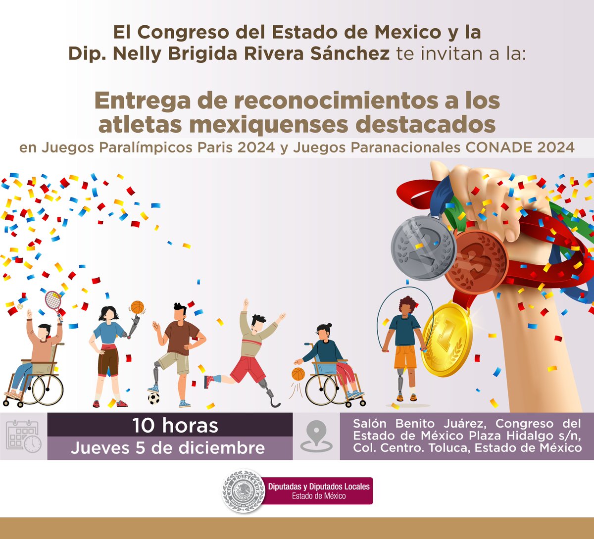 CongresoEdomex's tweet photo. 🏆 ¡Reconociendo el esfuerzo y la dedicación!
La diputada Nelly Rivera Sánchez convoca a la ciudadanía a la entrega de reconocimientos a nuestros orgullos mexiquenses: atletas destacados en #JuegosParalímpicosParís 2024 y Juegos Paranacionales #CONADE2024. https://t.co/1TEzQJCIlL